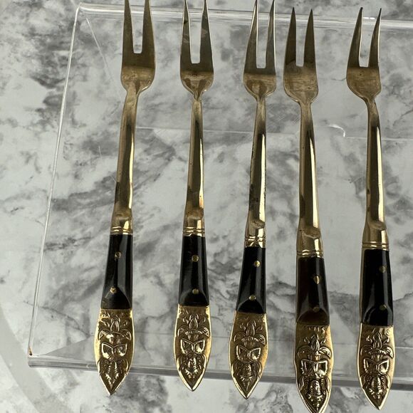Vintage Mid Century Modern Siam Appetizer Forks 9 Piece Brass Thailand Buddha - Picture 2 of 8